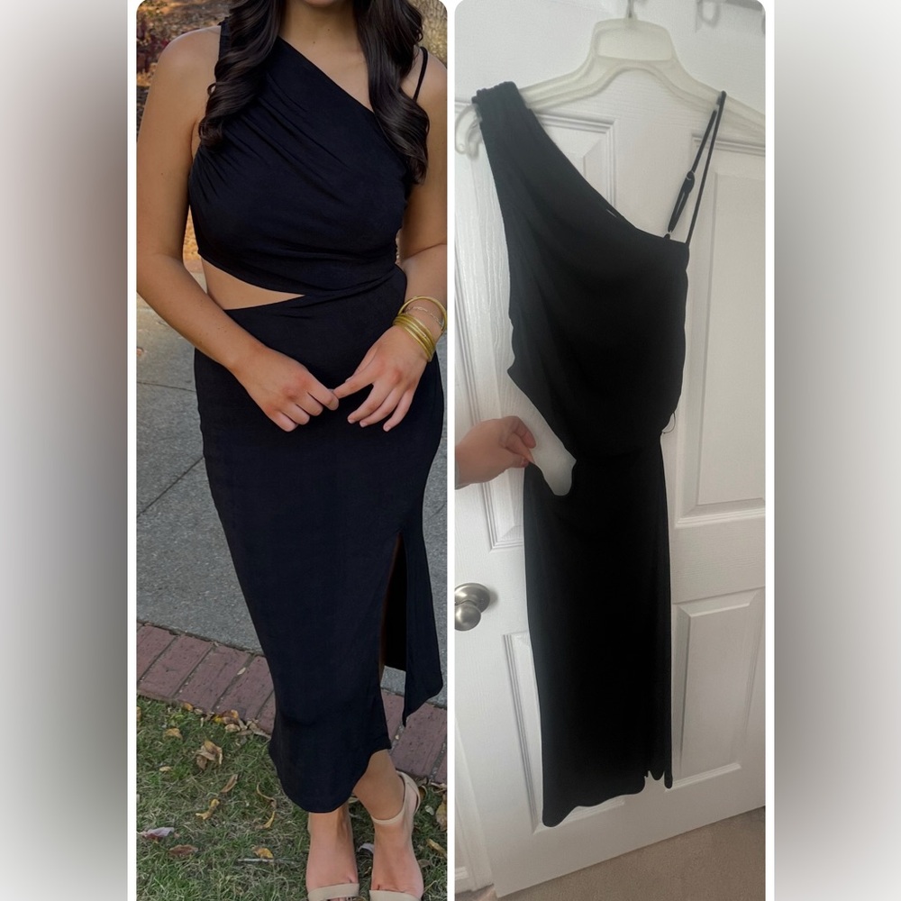 Hello Molly Black One-Shoulder Cutout Midi Dress